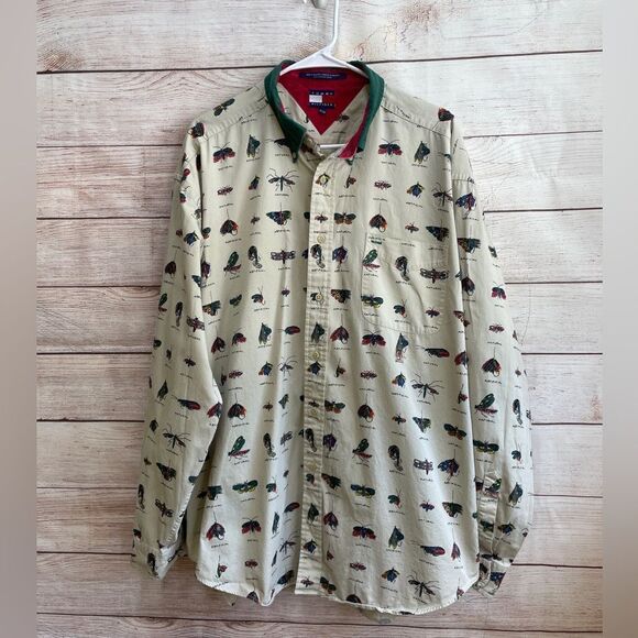 VINTAGE TOMMY HILFIGER SHIRT IN FLY FISHING PRINT - Picture 1 of 8
